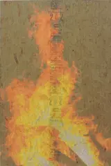 Peter Sutherland, Bonfire 6, 2014, inkjet print on perforated vinyl and matte medium on OSB