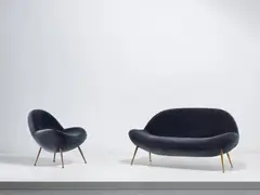 Fritz Neth, Sofa and Lounge chair, velvet and tubular brass