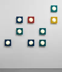 Set of nine wall lights by Stilnovo, 1950s, Painted aluminium, glass, brass, sold Dec 2020