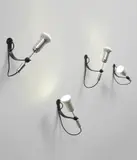 Set of four adjustable wall lights, model no. 39 by Gino Sarfatti, circa 1959, Chromium-plated aluminium, chromium-painted metal, painted aluminium, Bakelite, sold Dec 2020