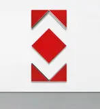 Daniel Buren, Cut-out: Situated work in five parts, traffic red, 2009, MDF, Alupanel, vinyl and white paint, in 5 parts