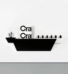 Haim Steinbach, crate & barrel 2, 2008, plastic laminated wood shelf, 6 rubber dog chews, 2 'Crate & Barrel' cardboard boxes and stainless steel vase by Ron Arad