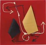 Martin Kippenberger, Ohne Titel (Nun entscheiden Sie sich mal. Sie können nicht vergleichen), 1985, silicone with two Plexiglas strips and fabric collage on fabric