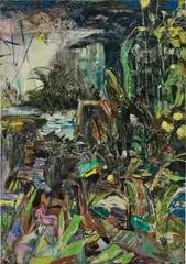 Hernan Bas, Decorative panel for the foyer of a homosexual's home, 2010, acrylic, airbrush, household gloss and block print on linen laid on panel