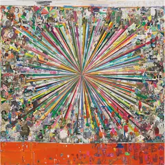 Tal R, Last drawing before mars, 2003-04, printed paper collage, paper collage, acrylic, aluminium foil, wax crayon, biro, colouring pencil, fabric and glitter on paper mounted on board