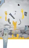 Korakrit Arunanondchai, Untitled (White Temple Painting), 2013, denim, burnt denim and gold foil on digital printed canvas