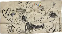 Annie Morris, Bed with Colour, 2019, machine embroidered thread on cotton with a further drawing in pen on the reverse