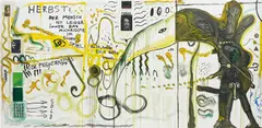 OH HERBST DU by Jonathan Meese, 2007, oil, photo, card and paper collage, found object and wax crayon on canvas triptych, in artist's frame, sold Apr 2019