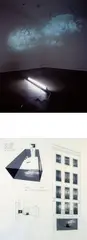 Diana Thater, Two works: i) White is the Color ii) Zwirner & Wirth Exhibition Drawing 1/4, 2002, i) two digital projectors, two DVD players, two DVDs, two remote controls and fluorescent lighting fixture ii) Mylar with ink, graphite, pantone film and ink jet prints