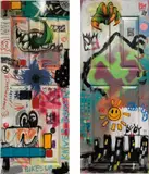 Barry Reigate with the kids of Carney’s Community, Two works: i) Bikes Up Knives Down; ii) Claw Skyline, 2019, each enamel paint, metallic enamel paint, varnished paper collage, household paint, pen, coloured pencil and oil pastel on wooden door with wooden struts