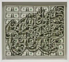 Scott Campbell, Tableau - Only God Can Judge Me In Dollars, 2010, cut and uncut paper and board mounted on board
