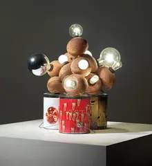 GuytonWalker, Coconut lamp, 2005, coconuts, wires, light bulbs and three paint cans with digital inkjet prints