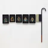 Atul Dodiya, Fallen Leaves - A Stroll #1, 2006, oil on dried leaf, powder coated mild steel and auto body solder and red oxide