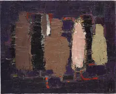 Nicolas de Staël, Bouteilles en brun, ocre et rose (Bouteilles: Nature morte), 1952, oil on canvas
