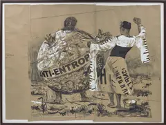 William Kentridge, Anti-Entropy, 2011, charcoal, coloured pencil and poster paint on 3 sheets of brown pattern-makers paper, in artist's frame