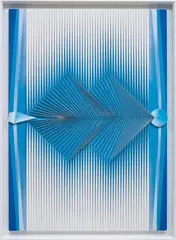 Alberto Biasi, Politipo, 1978, ribbon strips, painted nails and painted wooden collage on painted canvas laid on wooden board, in artist's wooden frame