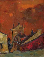 S. H. Raza, Village au ciel orange, 1956, oil on canvas