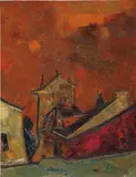 S. H. Raza, Village au ciel orange, 1956, oil on canvas