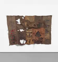 Ibrahim Mahama, BK X, 2016, found fabric and plastic collage, ink and thread on jute sacks with markings