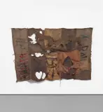 Ibrahim Mahama, BK X, 2016, found fabric and plastic collage, ink and thread on jute sacks with markings
