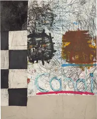 Candi by Oscar Murillo, 2013, oil, oilstick, thread, dirt, plastic and paper collage on canvas, sold Jun 2019