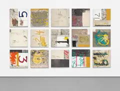 Oscar Murillo, 26 Postures and 4 Savasanas Between London and Paris, 2012, oil, oilstick, graphite, enamel paint, concrete dye, tape, dirt, newspaper and paper collage, thread and mixed media on linen and synthetic canvas, in 15 parts