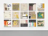 Oscar Murillo, 26 Postures and 4 Savasanas Between London and Paris, 2012, oil, oilstick, graphite, enamel paint, concrete dye, tape, dirt, newspaper and paper collage, thread and mixed media on linen and synthetic canvas, in 15 parts