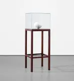 Shilpa Gupta, 01:14.9, 2011-12, hand-wound thread and brass plaque under a glass vitrine on wooden stand