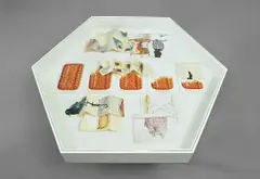 Jitish Kallat, Afterword (versions of a disappearing act), 2010-11, wax, oil, acrylic, enamel paint, graphite, ink, tracing paper and paper collage and mixed media on paper, in 14 parts, in glass top table