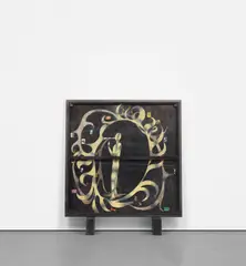 Atul Dodiya, Krishna Swallowing Forest Fire, 2009-10, oil, auto-body solder and museum magnets on oxidised mild steel on two mild steel stands
