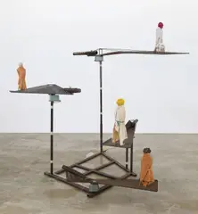 Thomas Schütte, Maschine, 1993, 4 wax figures, wood, fabric, metal armature, electric motor and rubber gasket
