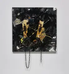 Jutta Koether, Fest Im Trauma, 2005, paper collage, resin, metal chain, embroidery, plastic, thread, steel corner plate, metal pins and mixed media on canvas