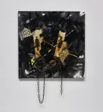 Jutta Koether, Fest Im Trauma, 2005, paper collage, resin, metal chain, embroidery, plastic, thread, steel corner plate, metal pins and mixed media on canvas
