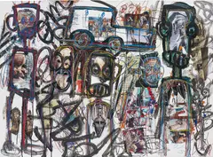 Untitled by Aboudia, 2013, acrylic, pastel and found paper collage on canvas, sold Oct 2019