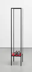 Rodney Graham, Shoes for City Self / Country Self, 2008, leather and metal handmade shoes in a steel and glass vitrine