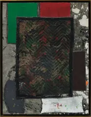 Sterling Ruby, BC (3740), 2012, fabric collage, paint, bleach and glue on fabric mounted on wood, in artist's uncoated bronze frame
