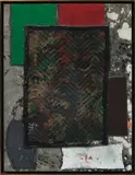 Sterling Ruby, BC (3740), 2012, fabric collage, paint, bleach and glue on fabric mounted on wood, in artist's uncoated bronze frame