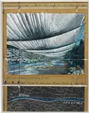 Christo, Over the River (Project for Arkansas River, State of Colorado), 1996, graphite, enamel paint, wax crayon, photograph by Wolfgang Volz, charcoal, topographic map and tape on board, in artist’s Plexi-box frame