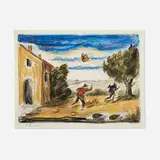 Luigi Zuccheri, Figure e farfalla nel paesaggio, mixed media on paper