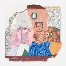 David Shrobe, Center-Stage, 2019, acrylic on canvas, textile, steel, brass, mirror and painted wood collage on panel