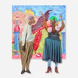 Simphiwe Ndzube, Rehearsal for Rebellion, 2021, oil and textile collage on canvas