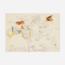 Jean Tinguely, Happy New Year Billy Klüver, 1987, rubber stamp, ballpoint pen and collage on paper
