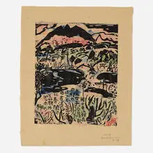Hoshun no saku (Early Spring) by Shikō Munakata, 1955, woodcut with hand-coloring on Japanese paper, sold Mar 2024