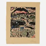 Shikō Munakata, Hoshun no saku (Early Spring), 1955, woodcut with hand-coloring on Japanese paper