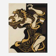 Yoshitoshi Mori, Crazed Oshichi Climbing a Fire Tower, 1971, stencil print on Japanese paper