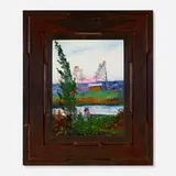 Joseph Barrett, Along the Canal, oil on canvas board in artist's frame