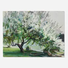 Florence E. Ware, Spring Landscape with Flowering Tree, c. 1920, oil on canvas laid to Masonite