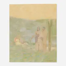 Edwin Willard Deming, Native American Figures by a Lake, oil on board