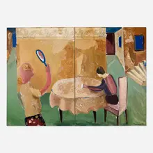 Karen Breunig, The Three Brothers (diptych), 1983, mixed media collage on canvas