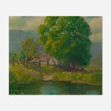 Frank Nuderscher, Stream Encampment, oil on canvas board